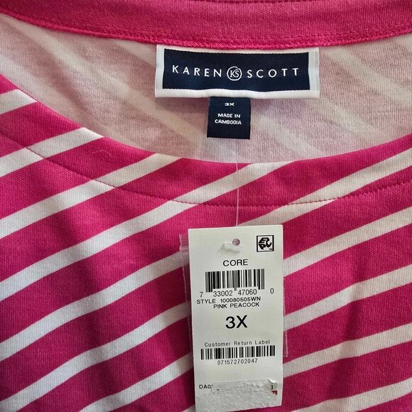 Karen Scott Hot Pink and White Striped T-Shirt with Diagonal Stripes - Picture 4 of 5